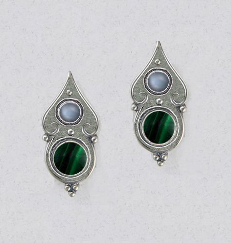 Sterling Silver Gothic Look Post Stud Earrings With Malachite And Grey Moonstone